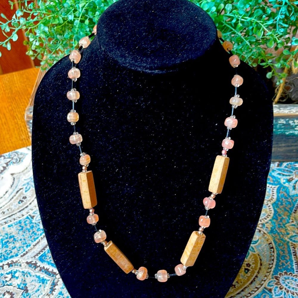 Peach Quartz Wood Glass Beaded Necklace Vintage Boho Earth Tone Barrel Clasp